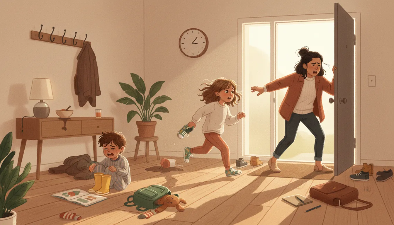 A frustrated parent at the open front door, late for school; one kid half-dressed mid-stride with a shoe in hand; a younger sibling melting down on the floor amid scattered shoes and coats.