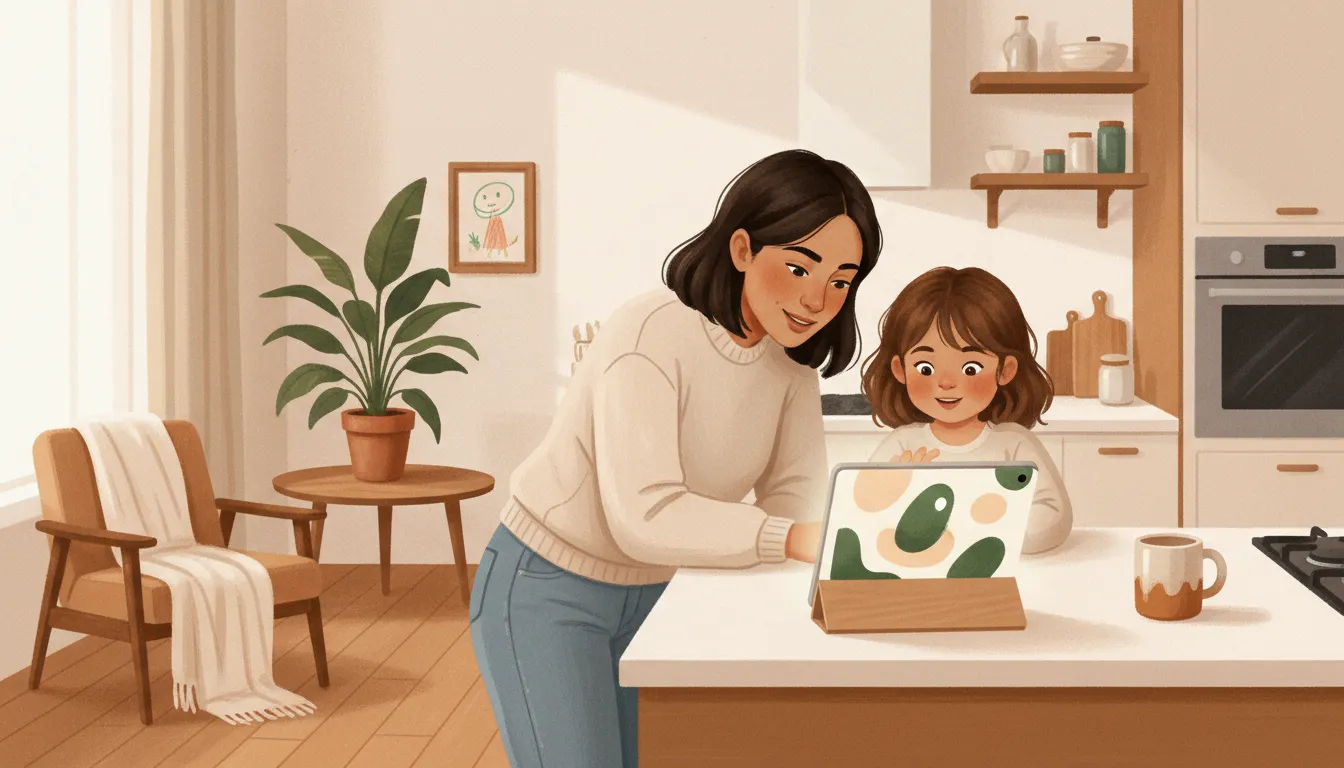 A tablet glowing on the kitchen counter; parent and child leaning in side by side, both curious.