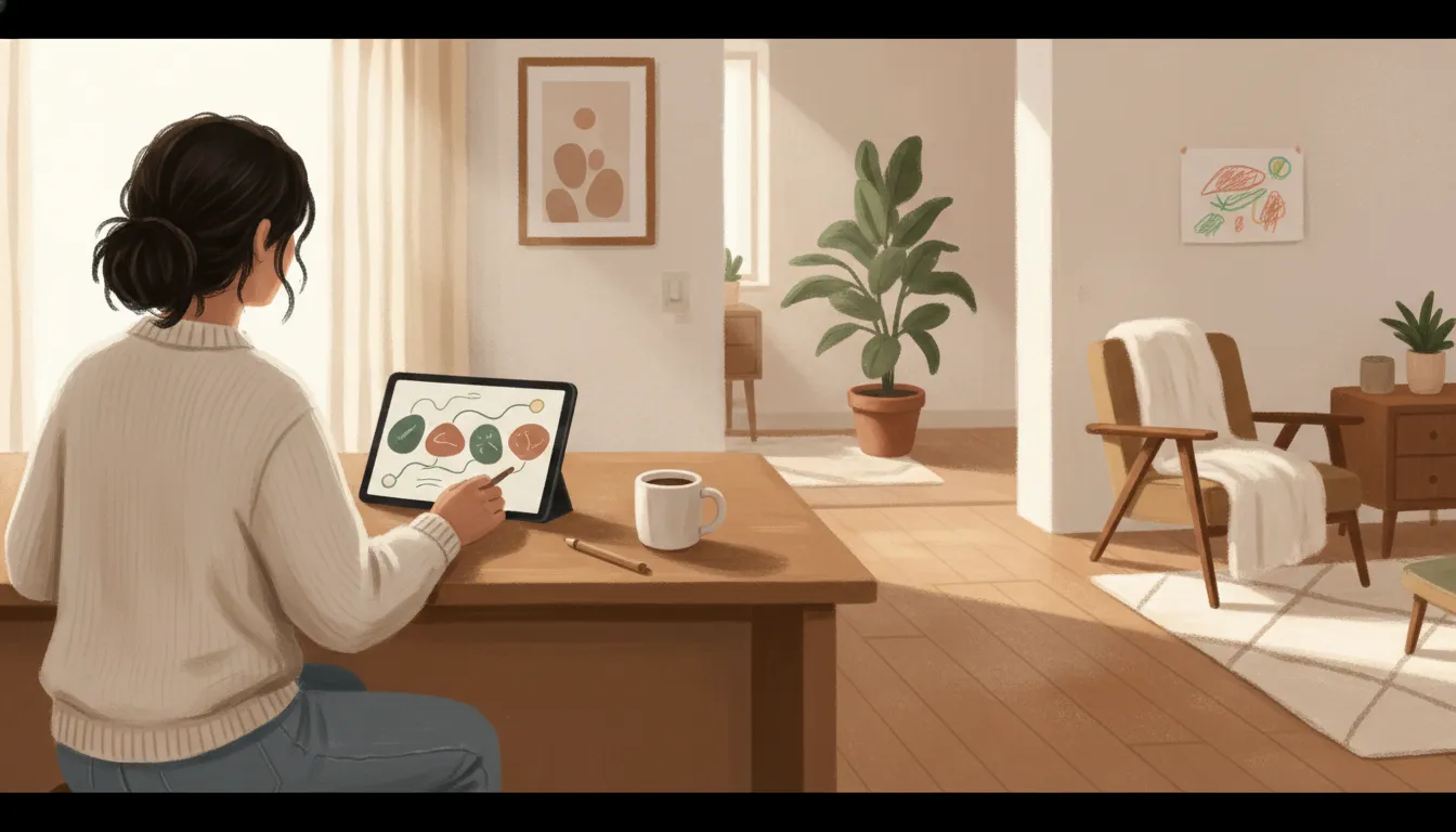 A parent seen from behind, configuring a soft painted graph of routine steps on the tablet.