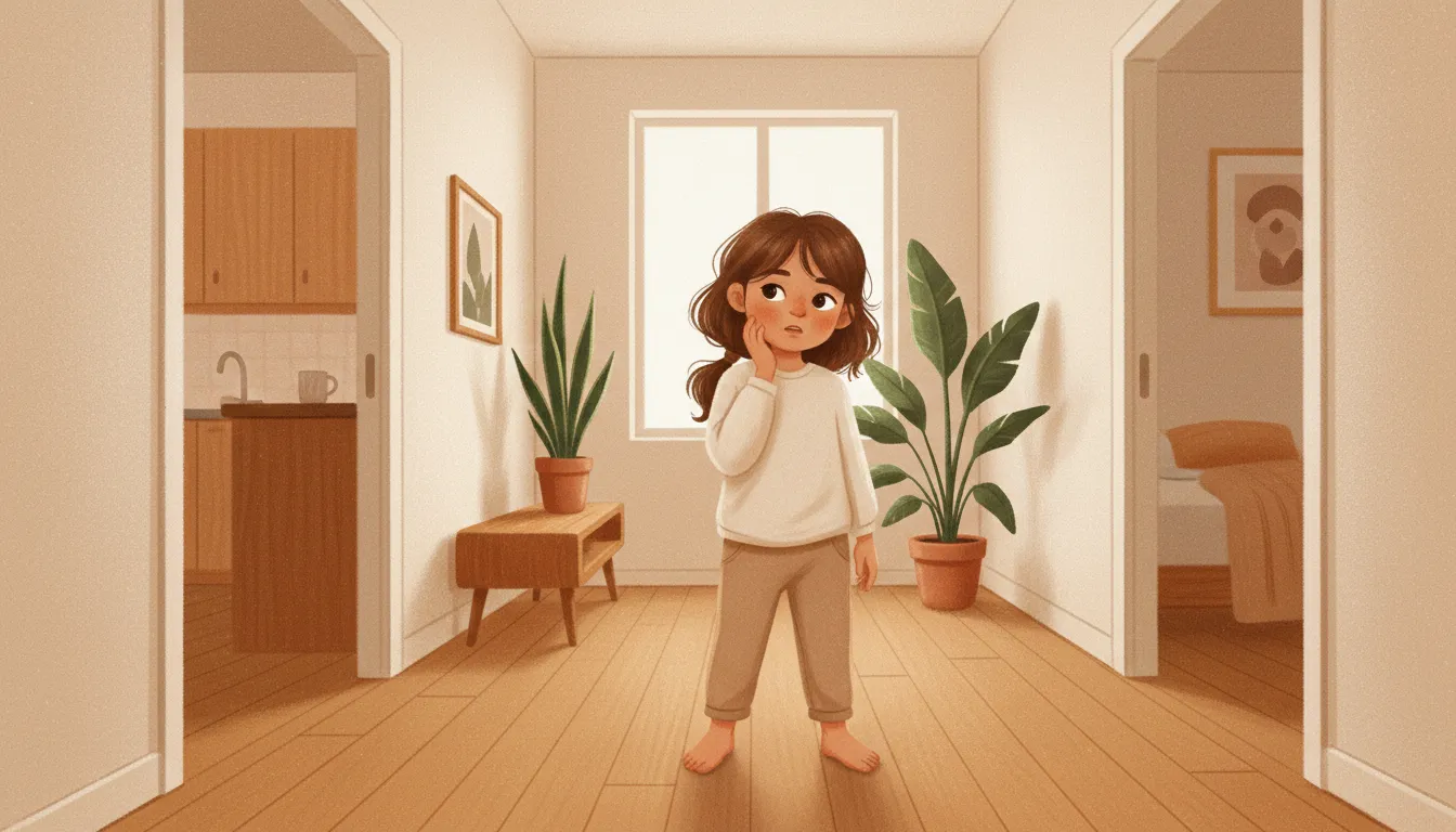 A young child in proper clothes standing in the kitchen, pausing mid-action with a 'what's next?' look.