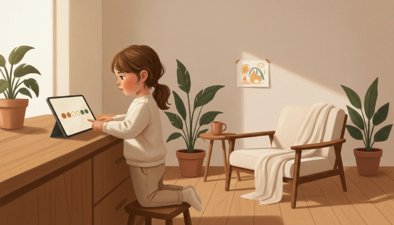 The same child looking at the tablet, where a soft painted row of progress dots shows what's next.