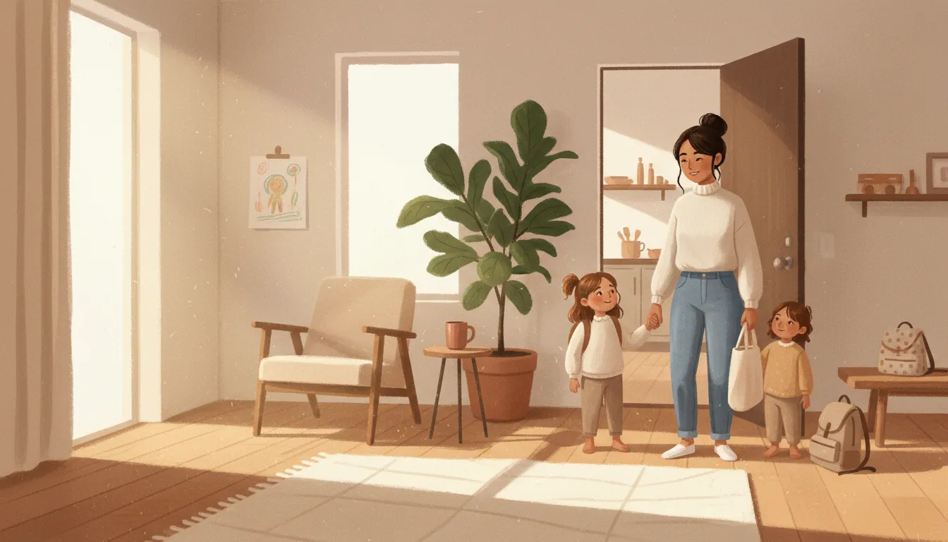 Parent, kid and younger sibling fully dressed near the door, bags packed, calm morning light.